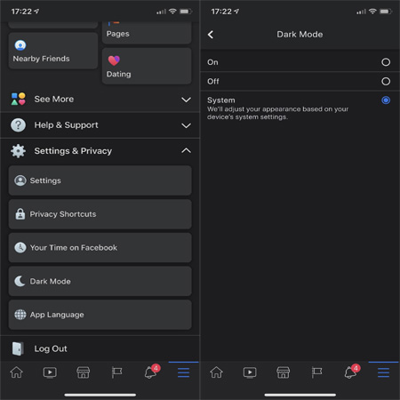 نحوه فعال سازی حالت تاریک در فیس بوک, فعال کردن حالت Dark mode در اپ فیسبوک