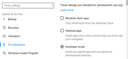 قابلیت های Developer Mode, Developer Mode, فعال سازی developer mode