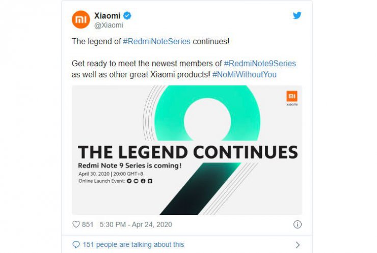 توییت رسمی شرکت شیائومی برای رونمایی از سری ردمی نوت 9