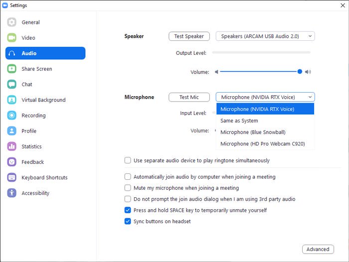 تنظیمات RTX Voice در زوم