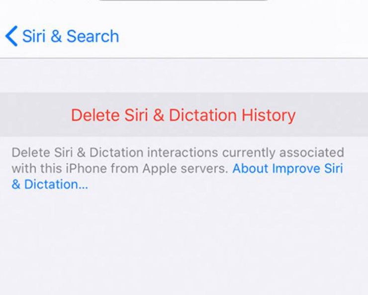 اسکرین شات از سیری اپل برای پاک کردن داده‌های صوتی