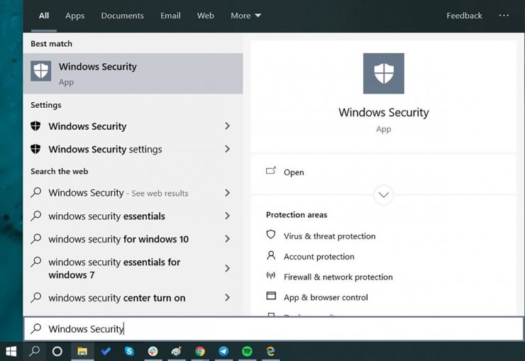 منوی استارت ویندوز ۱۰ جست و جوی Windows Security