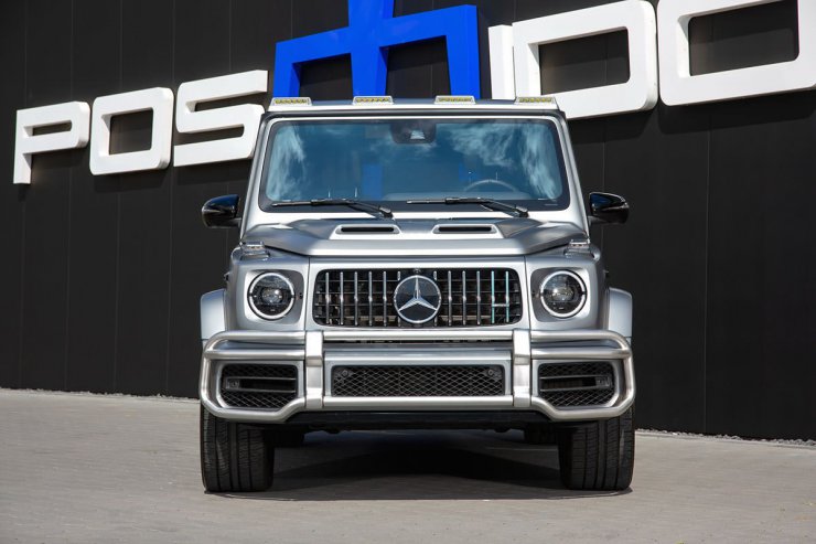 نمای جلو خودرو شاسی بلند مرسدس AMG G63 با تیونینگ پوزایدون / Posaidon Mercedes-AMG G63 و رنگ خاکستری