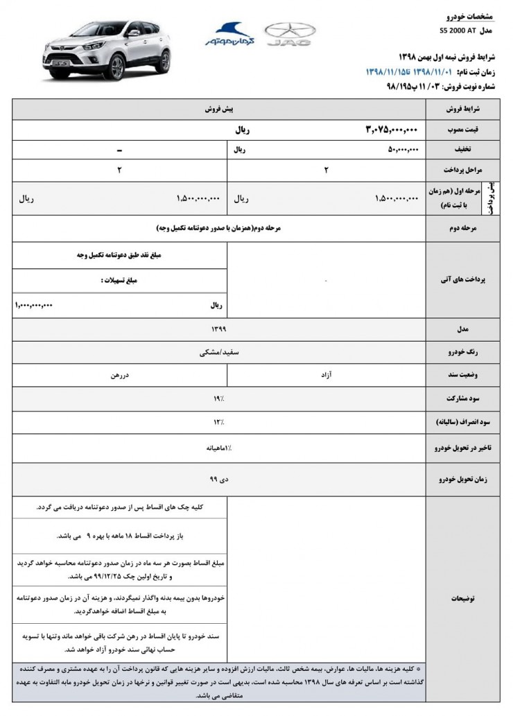 شرایط فروش جک S5 اتوماتیک ویژه بهمن 98 [به‌روزرسانی]