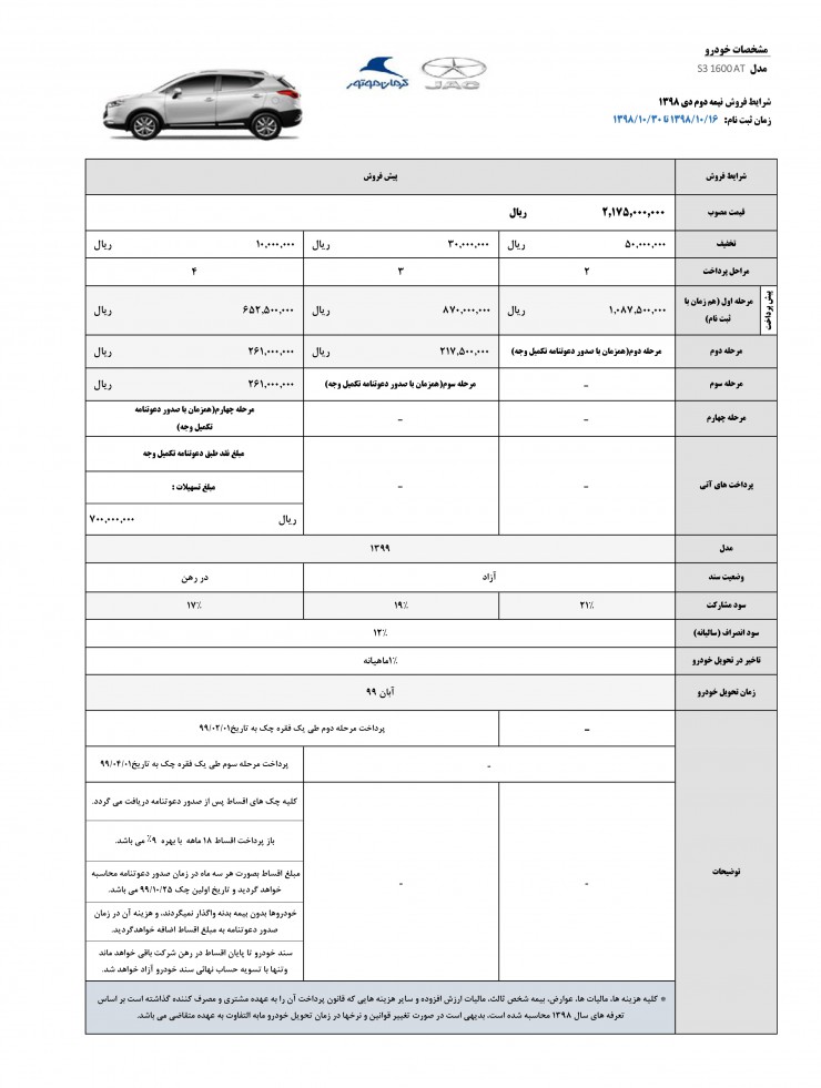 شرایط فروش جک S3 اتوماتیک ویژه بهمن 98 [به‌روزرسانی]