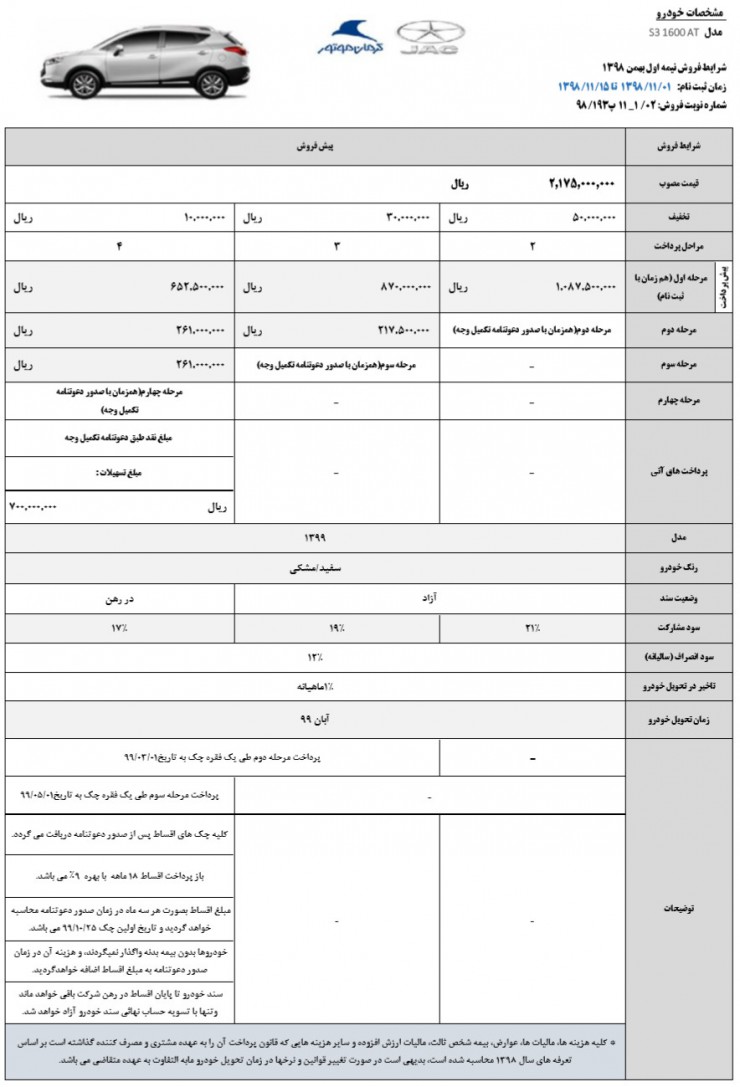 شرایط فروش جک S3 اتوماتیک ویژه بهمن 98 [به‌روزرسانی]