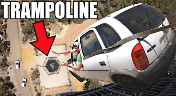 پرتاب خودرو روی مقاوم ترین ترامپولین جهان از ارتفاع 45 متری [تماشا کنید]