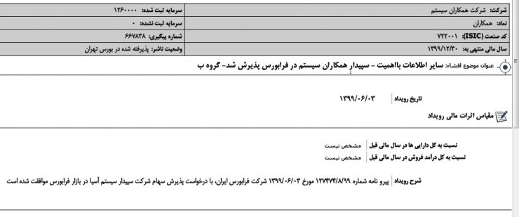 پذیرش شرکت زیر مجموعه همکاران سیستم در فرابورس: «سپیدار سیستم آسیا»