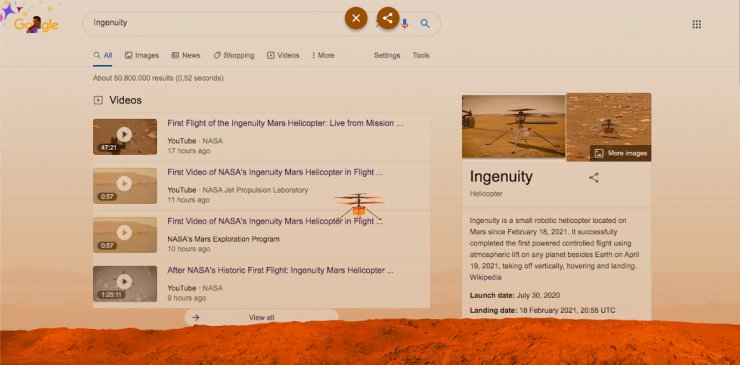 گوگل با پرواز هلیکوپتر نبوغ در صفحه جستجوها، به استقبال موفقیت ناسا رفت