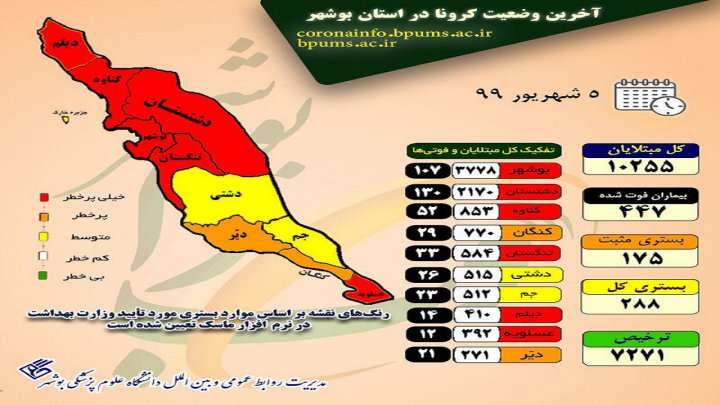 بیشترین مبتلایان در بوشهر و بیشترین فوتی‌ها در دشتستان