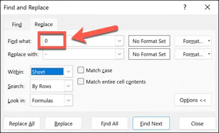 تبدیل صفر به خط تیره در اکسل, صفرها در اکسل, عدد صفر را در قسمت Find What وارد کنید