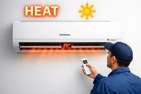 تنظیم کولر گازی جنرال برای گرمایش در زمستان | آموزش کامل حالت HEAT