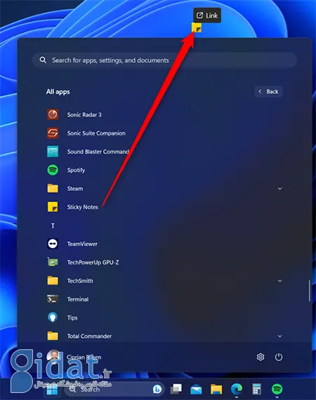 نحوه باز کردن Sticky Notes, نحوه استفاده از Sticky Notes در ویندوز, میانبر Sticky Notes را به دسکتاپ بکشید