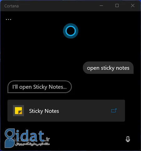 نحوه باز کردن Sticky Notes, نحوه استفاده از Sticky Notes در ویندوز, باز کردن Sticky Notes با استفاده از کورتانا