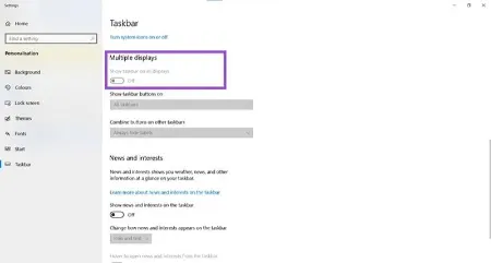 انتقال Taskbar به مانیتور دیگر, تنظیمات Multiple Displays ویندوز ۱۶