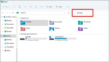 جستجوی فایل بزرگ ویندوز ۱۱, بزرگترین فایل ها ویندوز