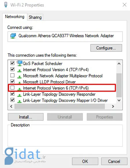 خطای DNS Server is Not Responding, رفع مشکل dns, Networking ،Internet Protocol Version 6 (TCP/IPv6) را انتخاب کنید