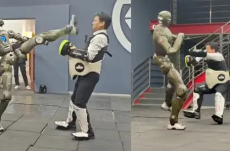 انسان در مقابل ربات انسان نما؛ T800 مدیرعامل شرکت را به زمین زد