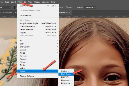 نحوه پاک کردن پف و سیاهی دور چشم در فتوشاپ, فیلتر High Pass را انتخاب کنید