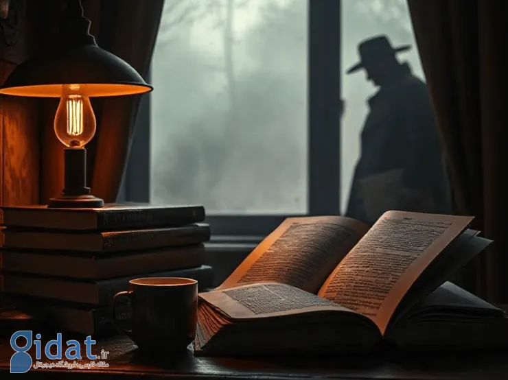 کتاب باز روی میز کنار چراغ مطالعه و سایه مرد کلاه دار پشت پنجره مه آلود