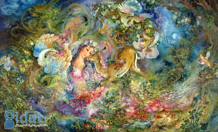 نقاشی مینیاتور زن و آهو محمود فرشچیان