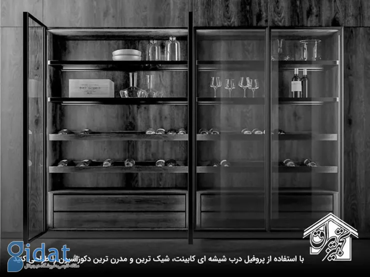 دکوراسیون آشپزخانه مدرن با پروفیل درب شیشه ای کابینت