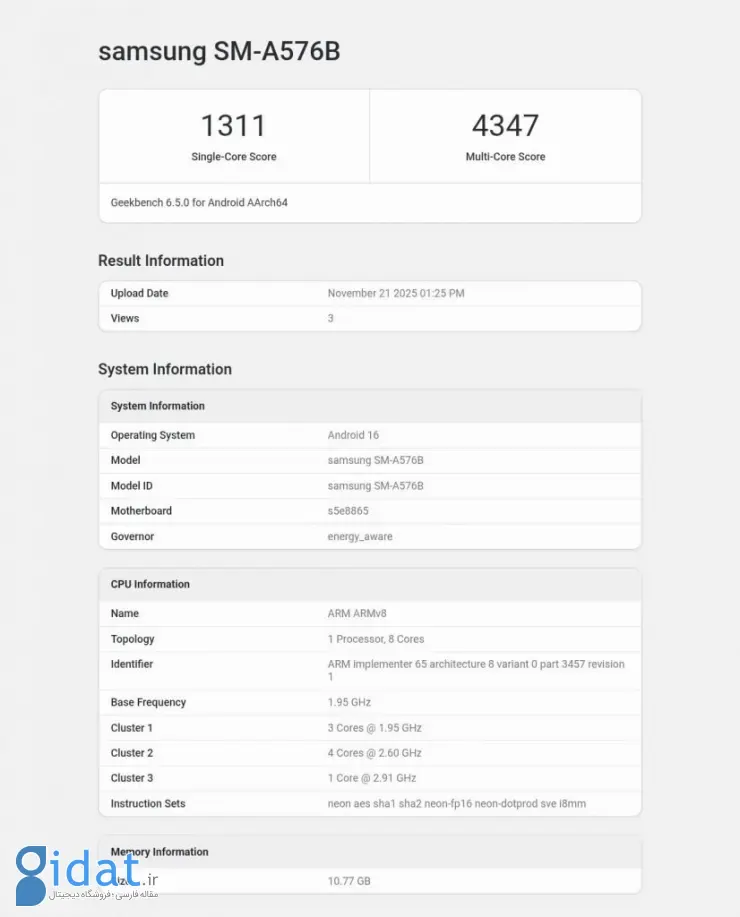 نتایج بنچمارک گیک بنچ گلکسی A57