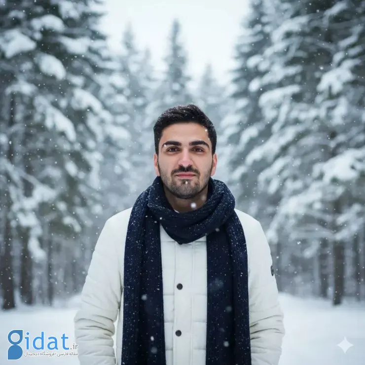 یک مرد ایستاده در جنگلی پوشیده از برف و برف در حال بارش است