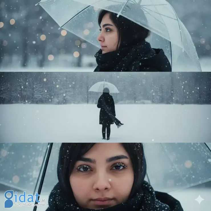 سه نمای مختلف از یک خانم با چتری شفاف ایستاده در نمایی زمستانی که برف در آن در حال بارش است