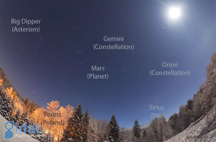 بارش شهابی جوزایی بر فراز جنگل پوشیده از برف