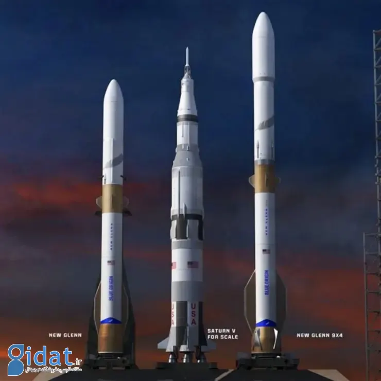 نیو گلن جدید در کنار موشک Saturn V Apollo ناسا