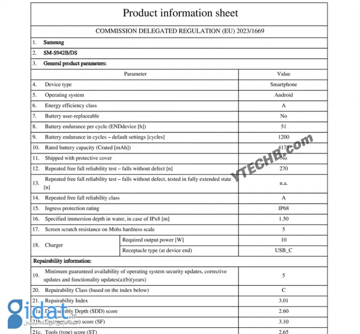 ظرفیت باتری سری گلکسی S26 در برچسب انرژی اتحادیه اروپا