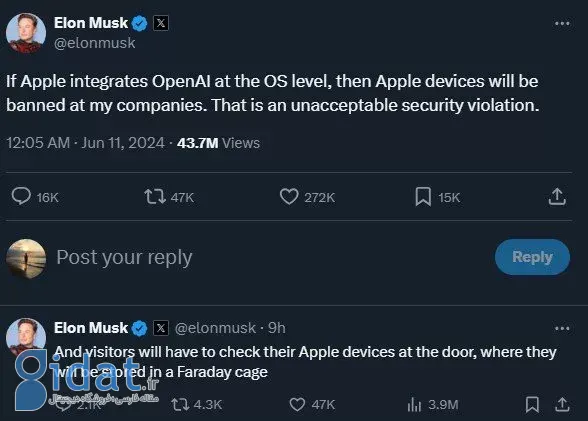 ایلان ماسک اپل را بابت استفاده از مدل‌های هوش مصنوعی OpenAI تهدید کرد