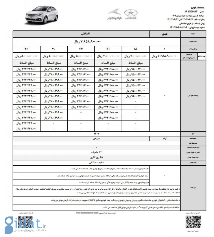 شرایط فروش نقد و اقساط جک J4