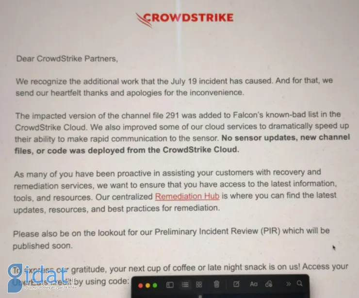 ایمیل عذرخواهی CrowdStrike 