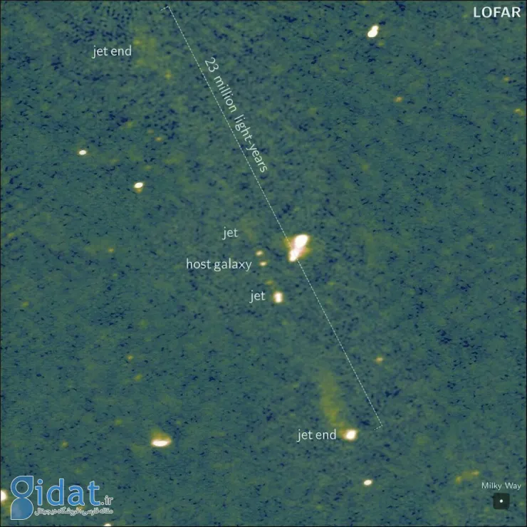 در این تصویر تلسکوپ LOFAR، پورفیریون را به همراه کهکشان میزبانش می‌بینیم.