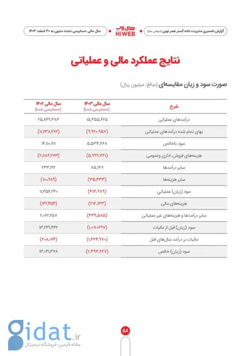 صورت سود و زیان های وب