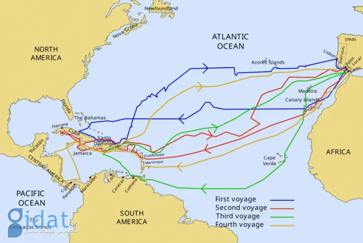 مسیرهای چهار سفر کلمب به آمریکا.