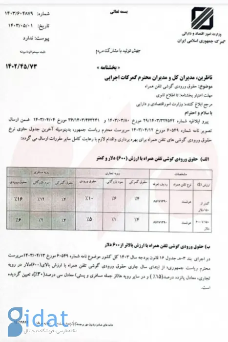 تعرفه واردات مسافری گوشی‌های بالای ۶۰۰ دلار نصف شد