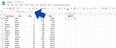 جستجو در گوگل شیت , گوگل شیت , جستجو در گوگل شیت با استفاده از تابع MATCH