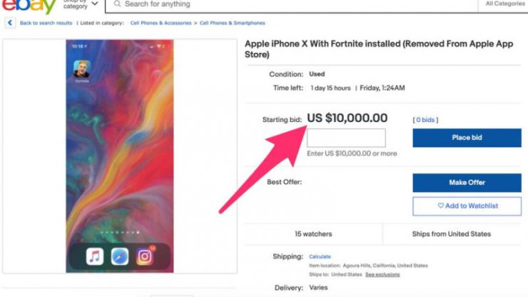 قیمت ۱۰ هزار دلاری آیفون هایی که فورتنایت روی آنها نصب شده در eBay