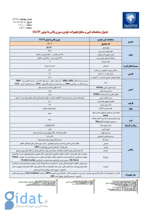 لیست امکانات و مشخصات سورن پلاس XU7P