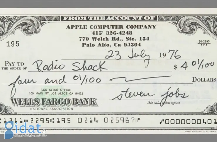 چک ۴ دلاری اپل با امضای استیو جابز در یک حراجی به قیمت ۴۶ هزار دلار فروخته شد